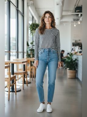 Navy and White Gingham Long-Sleeve Tee